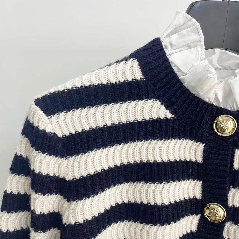 2023 Herbst/Winter Damen Gestreifte Strickjacke - Lotusblattkragen, Eleganter Wollpullover mit kleinem Duft