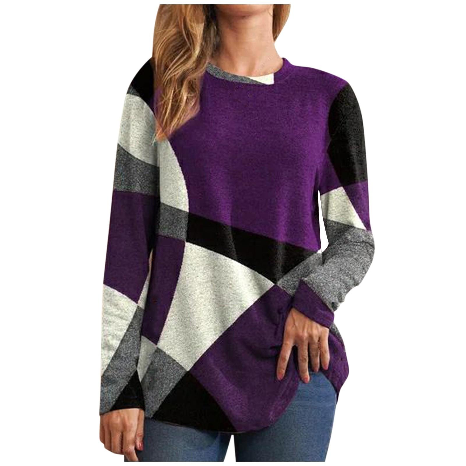 

Жіноча тонка вільна толстовка з геометричним контрастом і довгим рукавом із французького кашеміру XXXXXL фіолетовий