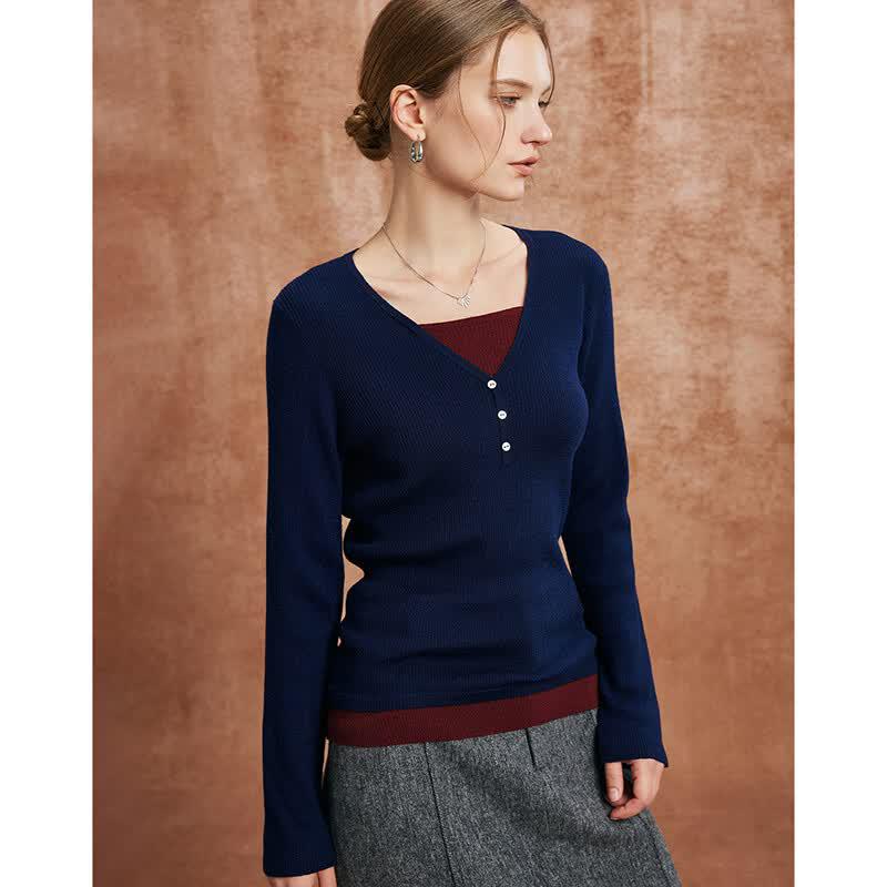 Wudao French Color Block Faux Two-Piece Knit Sweater