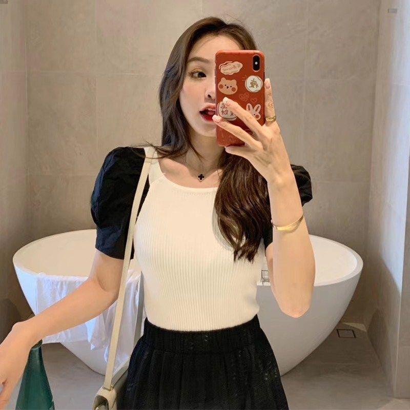 Square Collar Short-sleeved Ice Silk Sweater New Retro Slim Palace Style Short Puff Sleeve Top for Women Summer