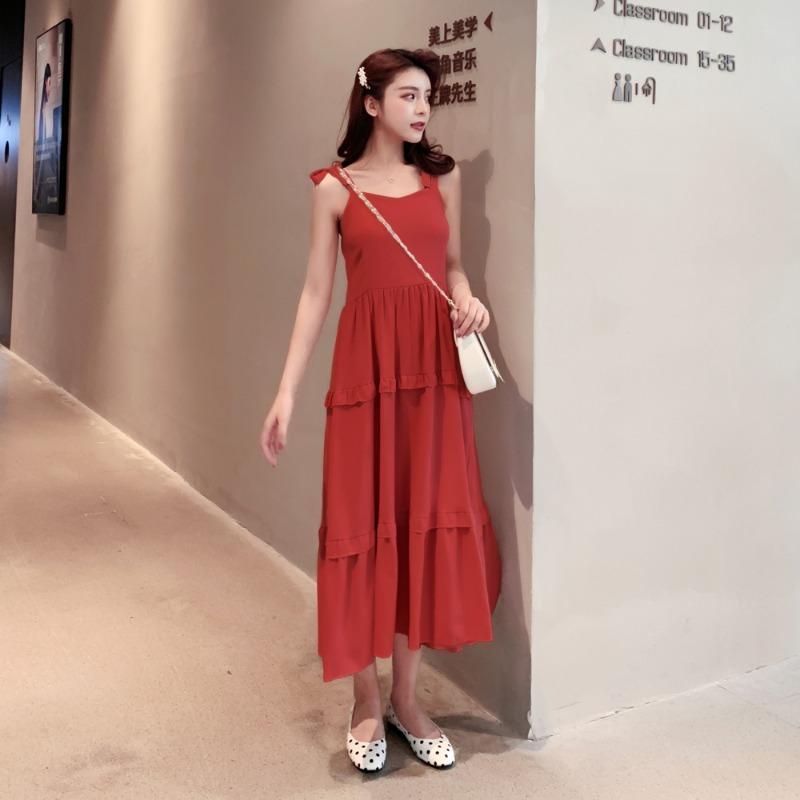 Sommer Neu Einfarbig Krawatte Schleife Sexy Träger Kleid Damen Retro Hohe Taille A-Linie Lässig Locker Lange Kleider Damen Mode Slim Fit Rüschen Elegantes Kleid 26371