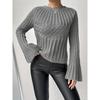 Women S Knit Sweater Pullover Round Neck Flare Sleeve Solid Color Casual Top