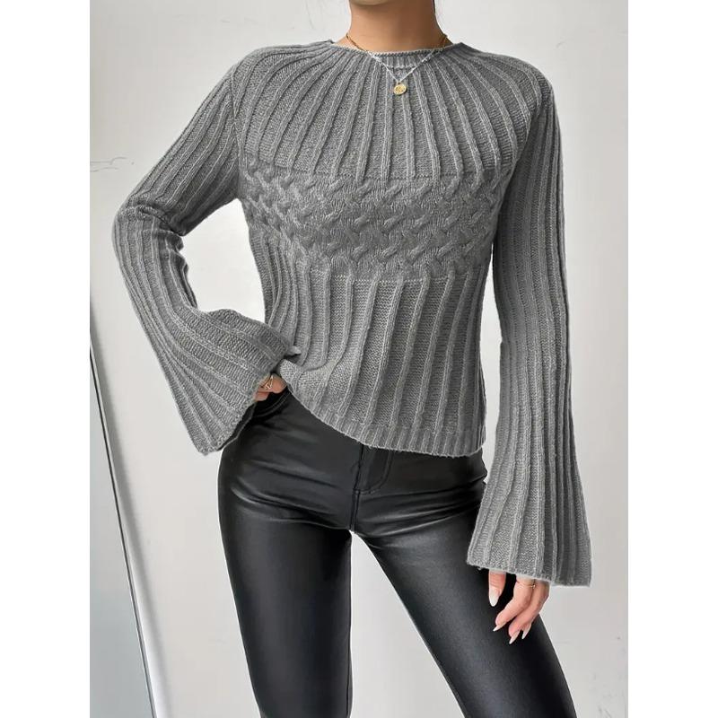 Women S Knit Sweater Pullover Round Neck Flare Sleeve Solid Color Casual Top
