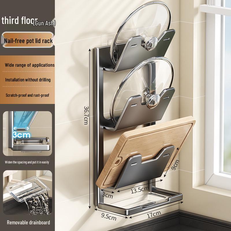Wall-Mounted No-Drill Suction Cup Kitchen Rack for Pot Lids & Cutting Boards