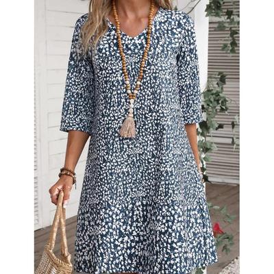 Women's Summer V-neck Half Sleeve Midi Dress Vintage Red Green Loose Floral Print Dresses