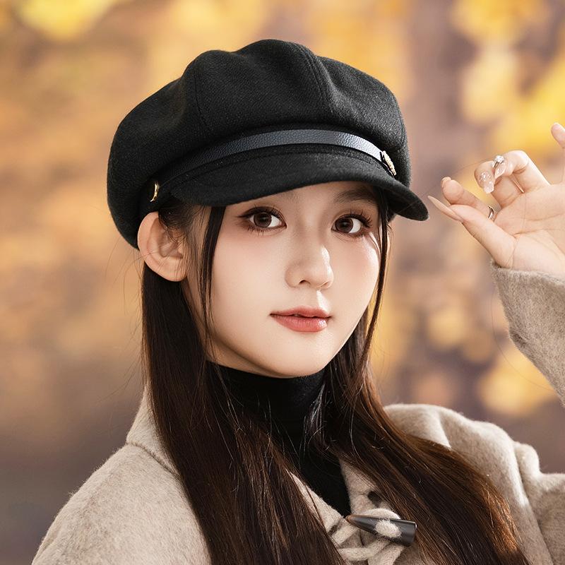 

Leather buckle duck tongue octagonal hat autumn hat women s big head circumference showing face small beret advanced painter hat One Size