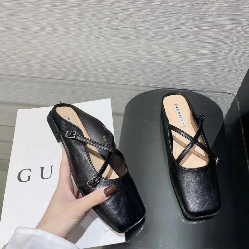 Fashion 2025 Women Flats Comfortable Cross Buckle Strip Slip On Square Toe Backless Loafers Ladies Dress Comfortable Shoes