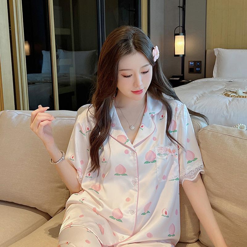 Sweet And Cute Girl Peach Jacquard Pajamas Ice Silk Short-Sleeved Shorts Lace Lace Summer Thin Loungewear