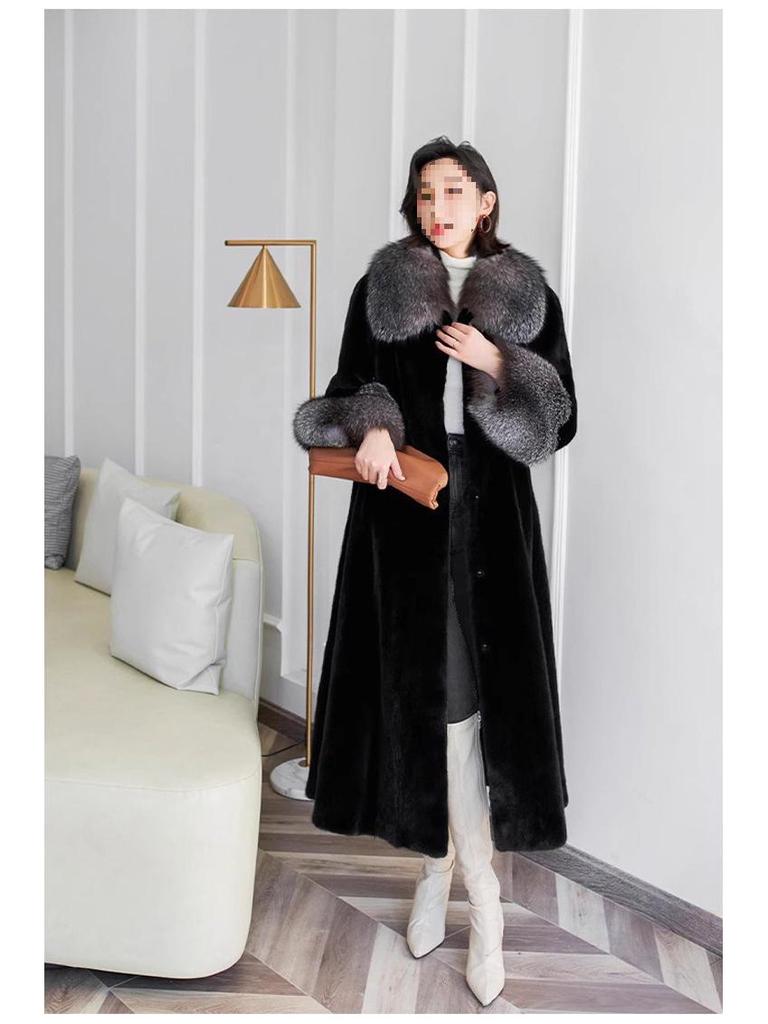 Women's Velvet Mink Coat with Fox Fur Collar - Warm & Casual
