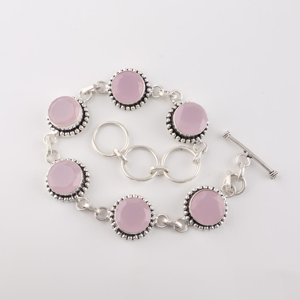 Rose Chalcedony Gemstone 925 Sterling Silver Jewelry Handcrafted Bracelet 7-9" RB-17-14