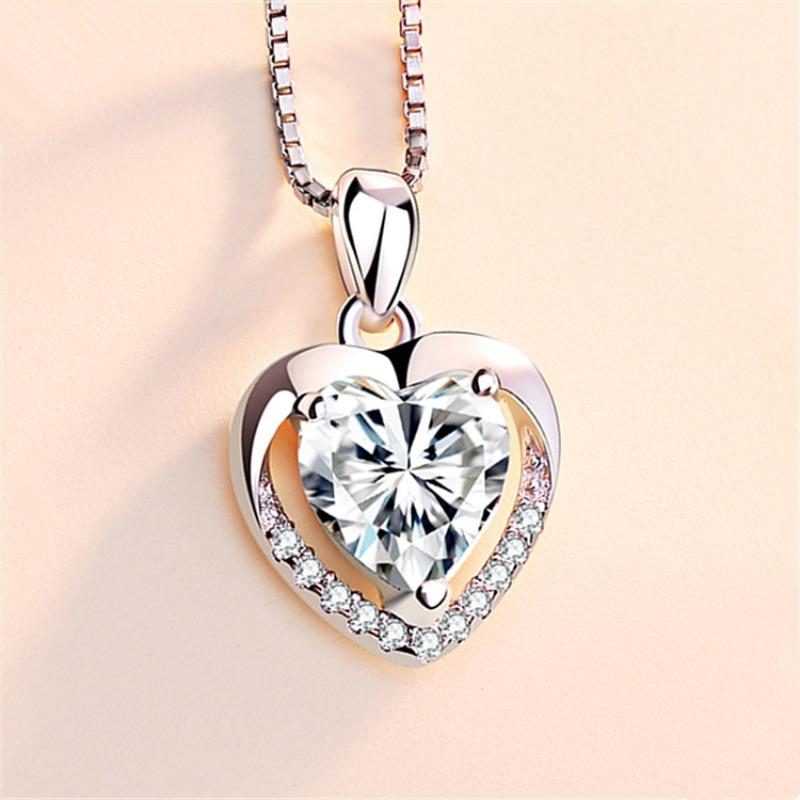 

New 925 Silver Necklace Pendant Heart 5A Zircon for Women Wedding Jewelry Engagement Charm Party Gift Fine box chain