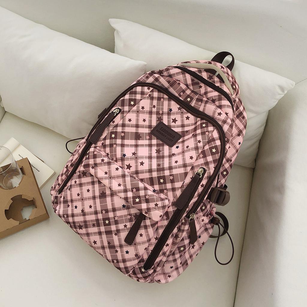 Schoolbag Korean plaid star backpack for female middle and high school students, large-capacity schoolbag, light and dirt-resistant versatile backpack