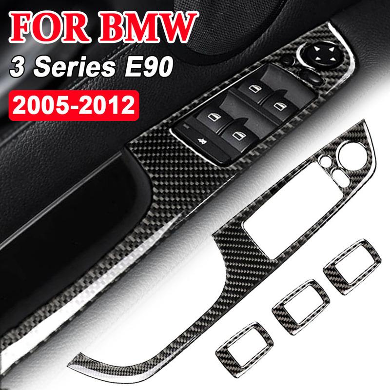 For BMW 3 Series E90 LHD 2005-2012 - Interior Power Window Switch Trim, Real Carbon Fiber Easy Tall Decor
