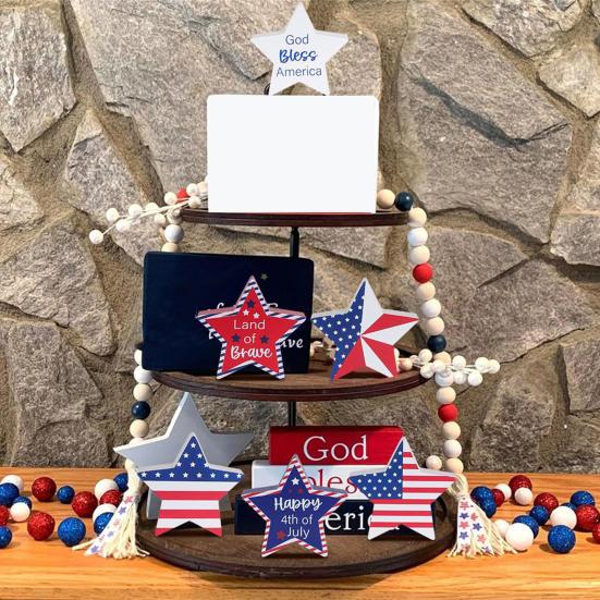 6 Pcs 4th of July Wooden Star Signs Vintage Star Shaped Wood Blocks Memorial Day Patriotic Rustic