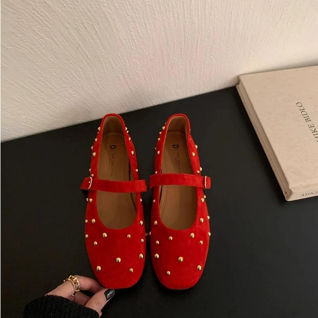 Damen flache Schuhe Retro Nieten Freizeit Schuhe Komfort Weicher Boden Ballerinas Wildleder Freizeit flache Schuhe Klassische Mary Jane flache Schuhe Zapatos Mujer