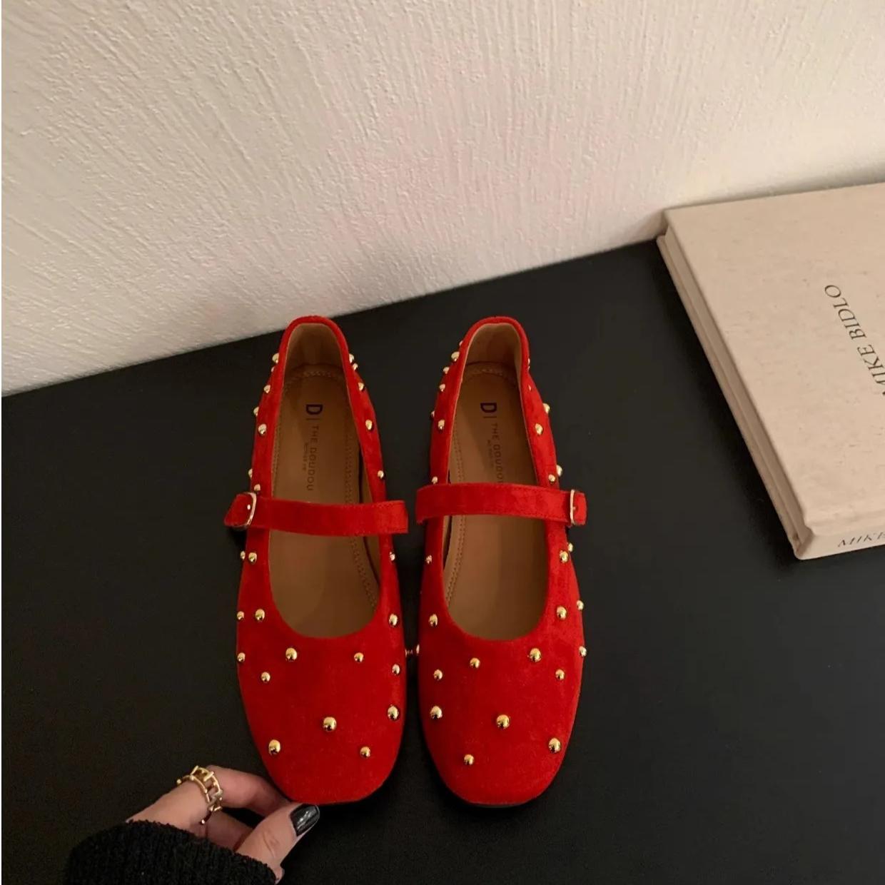 Women s Flats Retro Rivet Casual Shoes Comfort Soft Bottom Ballet Flat Suede Casual Flats Classic Mary Jane Flats Zapatos Mujer 35 красный