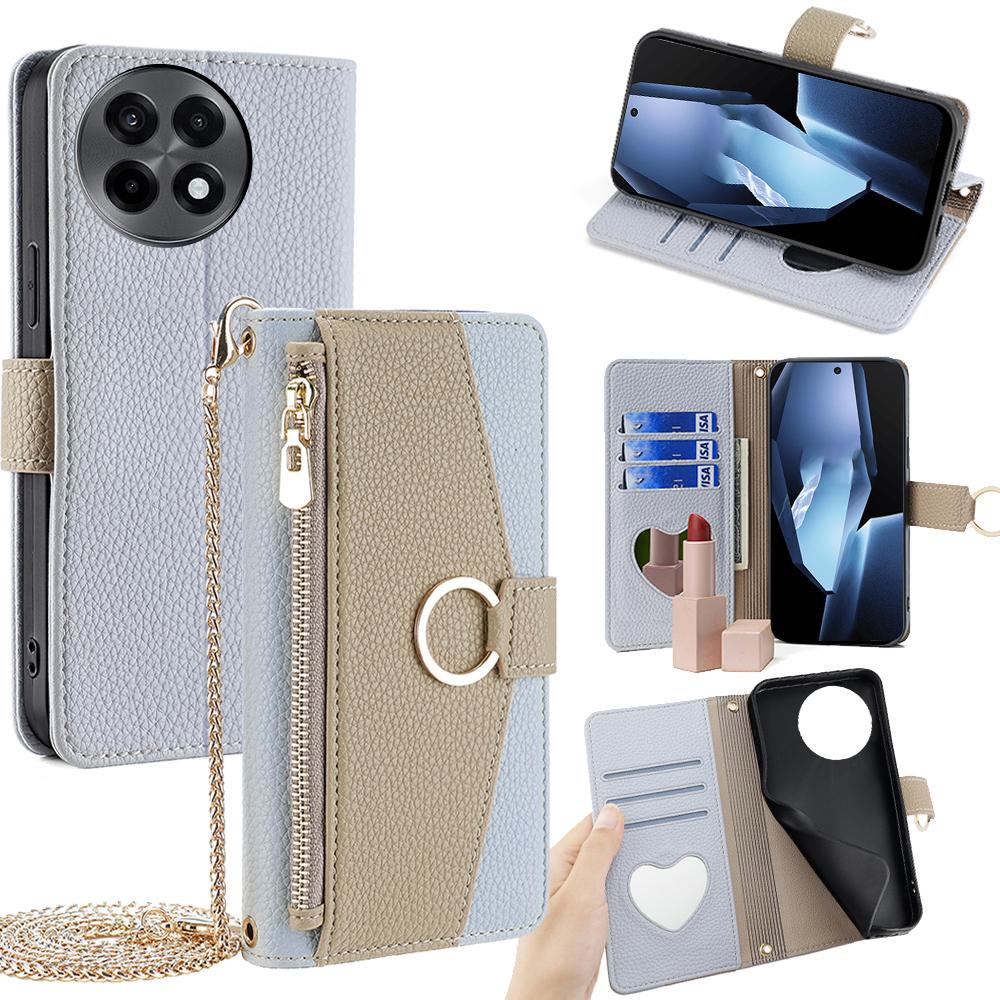 

For OnePlus Ace 5 5G/5 Pro 5G Case Mirror Wallet Leather Phone Cover with Chain Shoulder Strap Blue