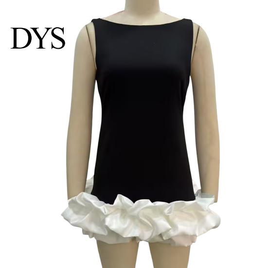 Necklaces Pairing Dress Women Sexy Mini Solid Color Slim Fit Female Sleeveless Pleated O-neck Backless Holiday Party Short Fashionable Hem