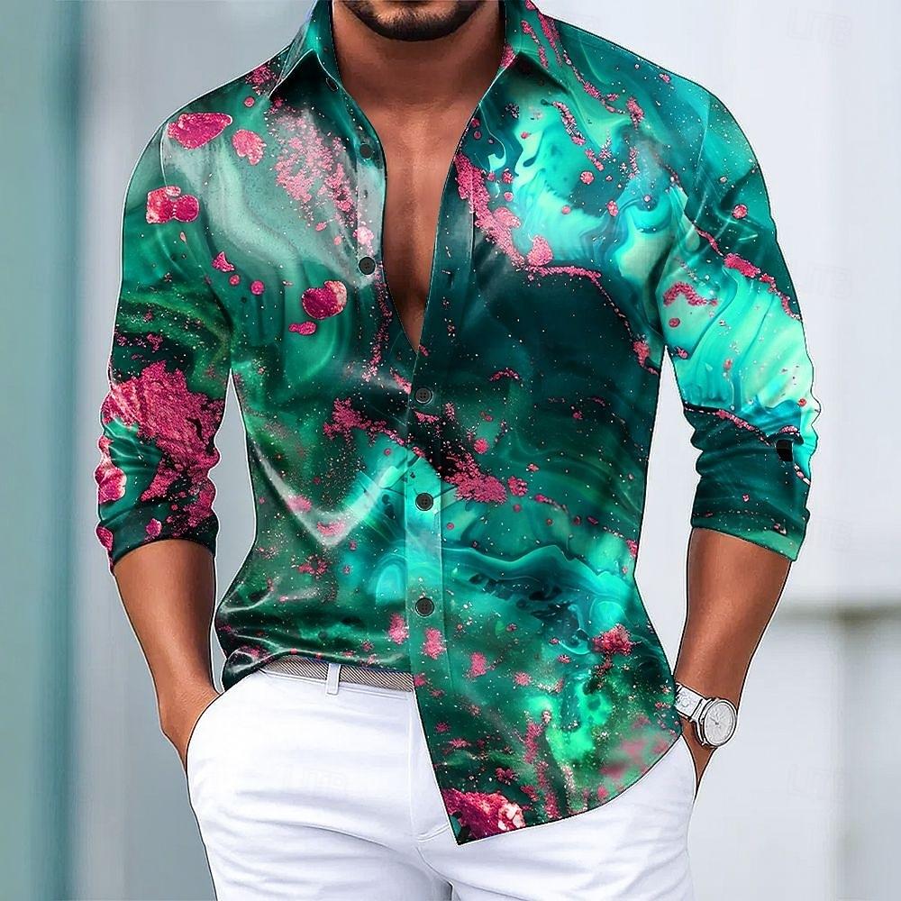 Men's Marble Abstract Art Color-blocking Shirt Long Sleeve Fashion Casual Vacation Dailywear Turndown 3D Print Button Up Shirts