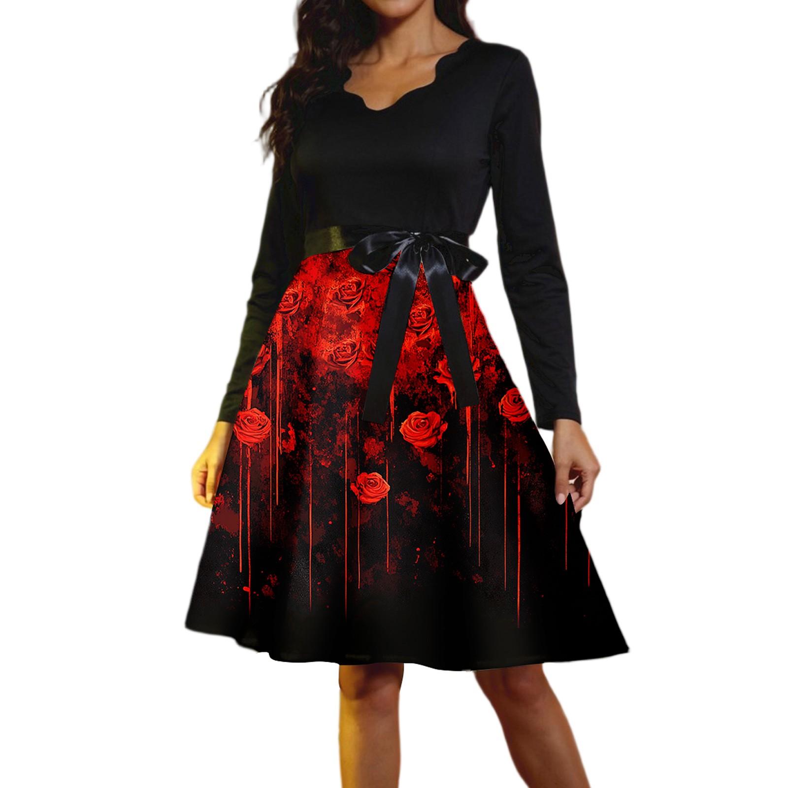 

Женские повседневные модные винтажные длинные платья с длинным рукавом на Хэллоуин и графическим принтом XXL красный