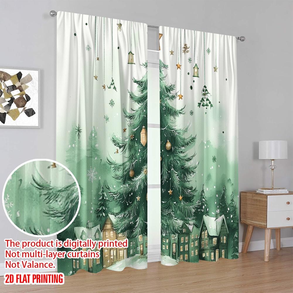 2pcs,2D plane printing Popular Curtain Panels Christmas Tree Snow Village (2) Versatile Polyester Fabric (without rod) All
