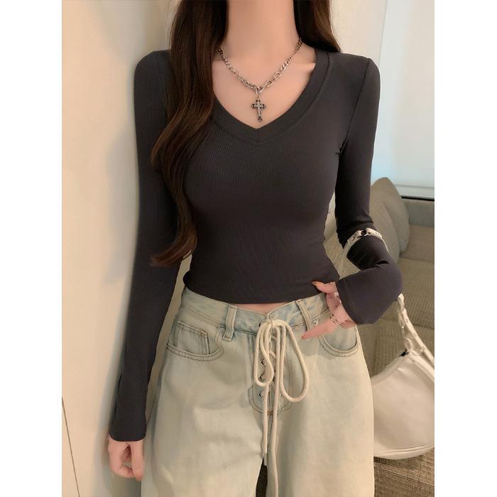 Spice Girl V-Neck Front Shoulder Long Sleeve T-Shirt Women's Spring and Autumn Slim-Fit Bottom Shirt Short Versatile Waist Top