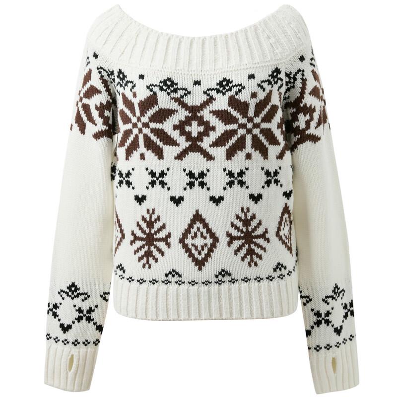SanCai 2025 Winter Fair Isle Off-Shoulder Pullover Sweater