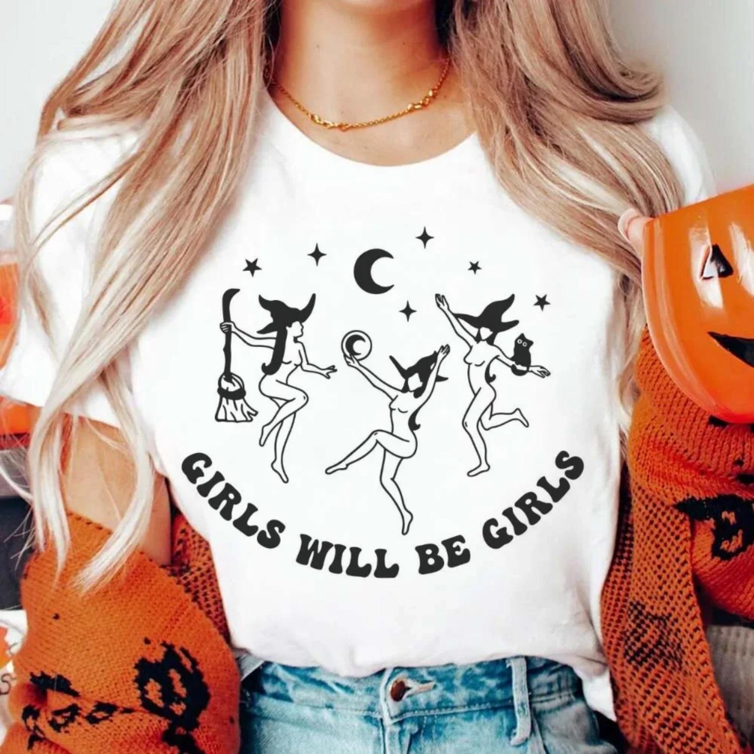 

Retro Girls Will Be Girls Dancing Witches Pattern Women s Large Size T-Shirt Summer Clothing Fashion Round Neck Women s Top T-Sh XXXXXL