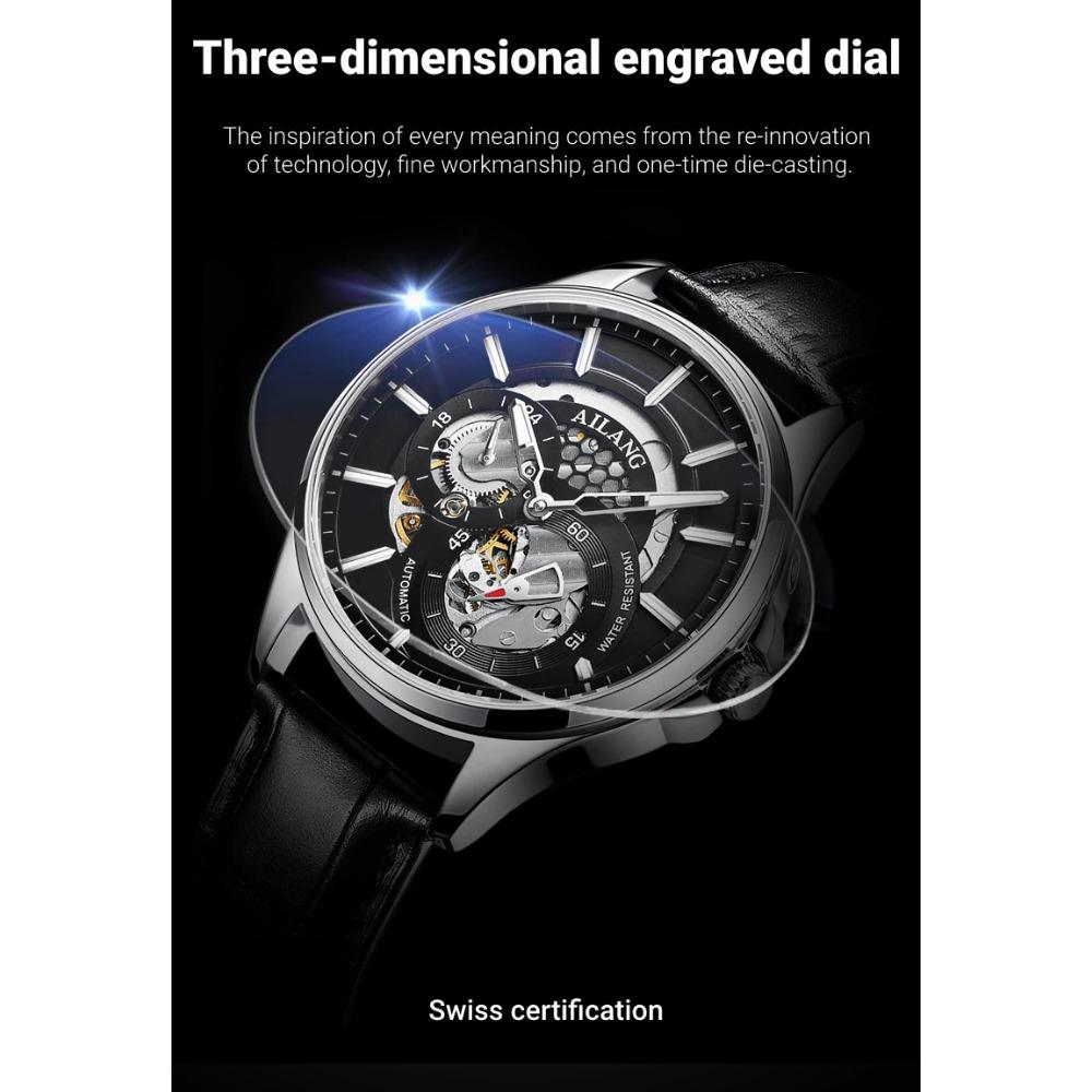 AILANG Men Automatic Mechanical Wristwatch Hollow Skeleton Dial Stainless Steel Band Business Sport Male Watch