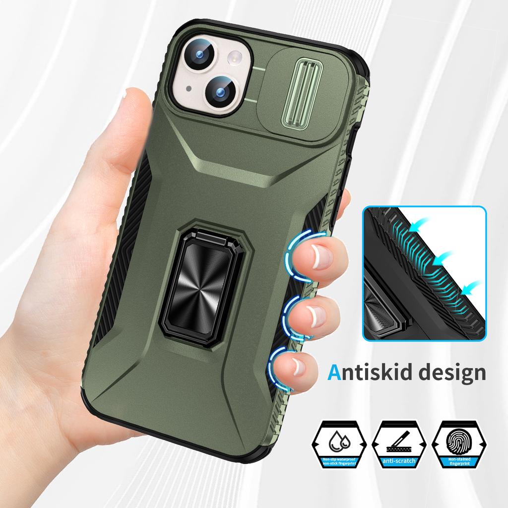 For iPhone 15 Plus/14 Plus Case Camshield Kickstand TPU+PC Anti-Slip Phone Cover