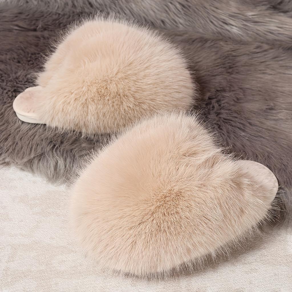 1 Pair Elegant Faux Fur Slippers for Women, Indoor/Outdoor House Shoes, Korean Style Warm Flat Non-Slip Rubber Sole, Pure Color, Fabric Lined