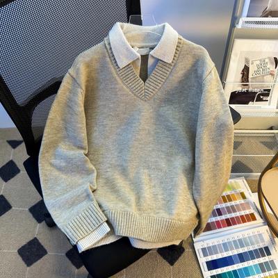 Men's Retro Faux Two-Piece Polo Collar Sweater - Autumn/Winter Loose Knitwear