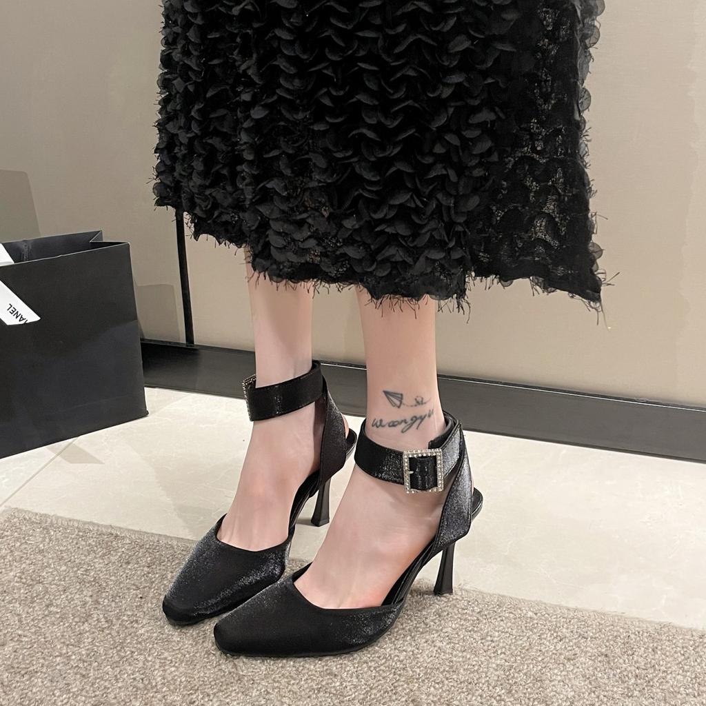 High heels women's summer 2025 new black sexy thin heel bag head shallow mouth square head versatile belt buckle sandals
