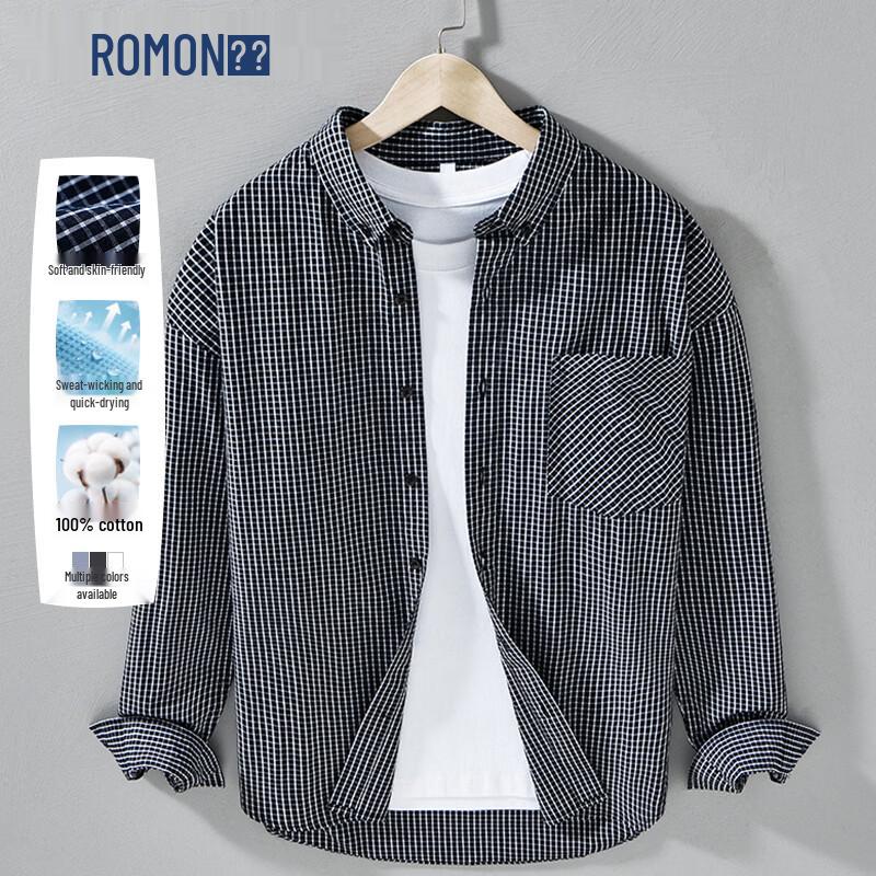 ROMON Men s Japanese Style Plaid Long Sleeve Shirt L