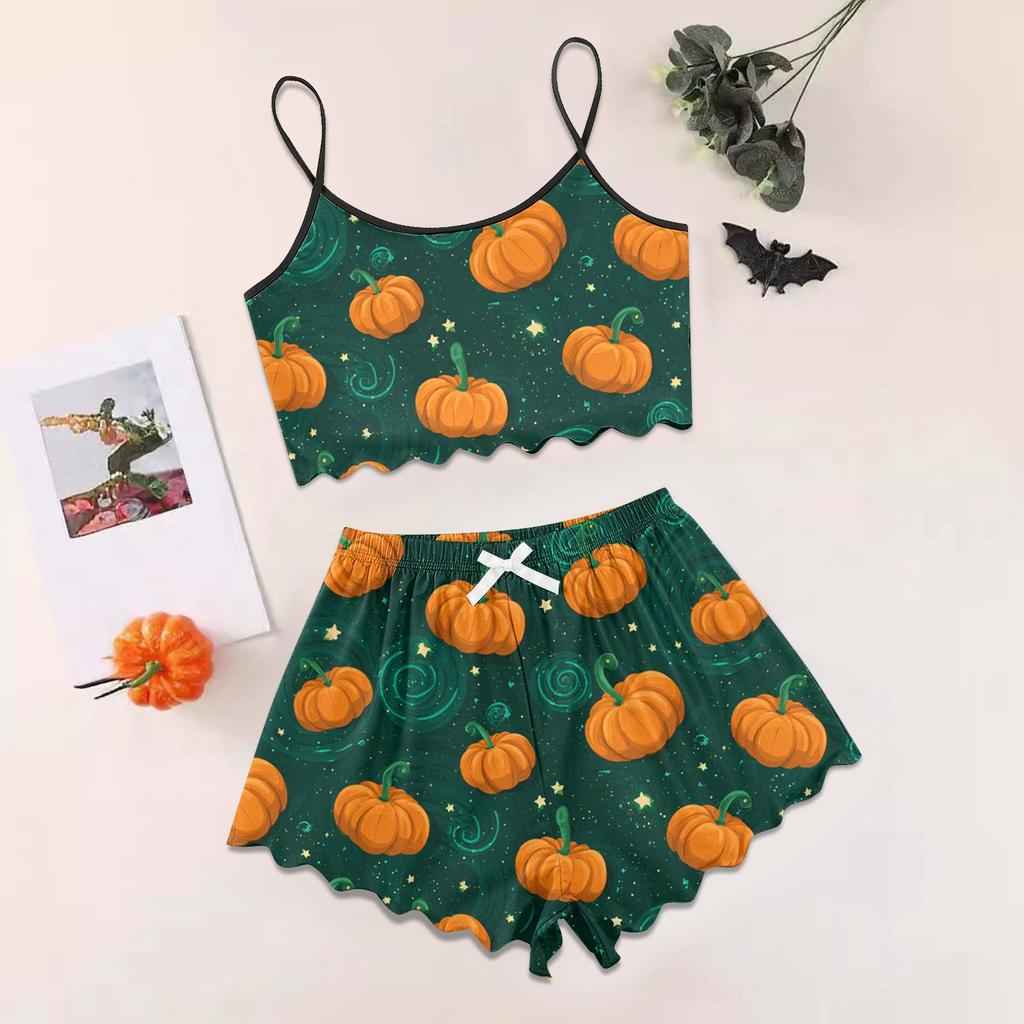 Women's Halloween Set With Retro Floral Print Suspender Sleeveless Vest Shorts Pajama Set