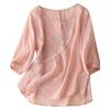 Women's 2023 Literary Embroidered Cotton Linen Blouse - Summer Loose Round Neck Pleated Pullover Top