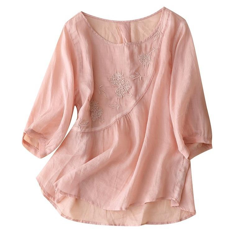 Women's 2023 Literary Embroidered Cotton Linen Blouse - Summer Loose Round Neck Pleated Pullover Top