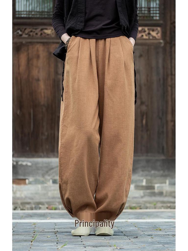 Women's Autumn/Winter Cotton Linen Sand Wash Loose Long Pants with Fleece Lining - Slimming Lantern Style