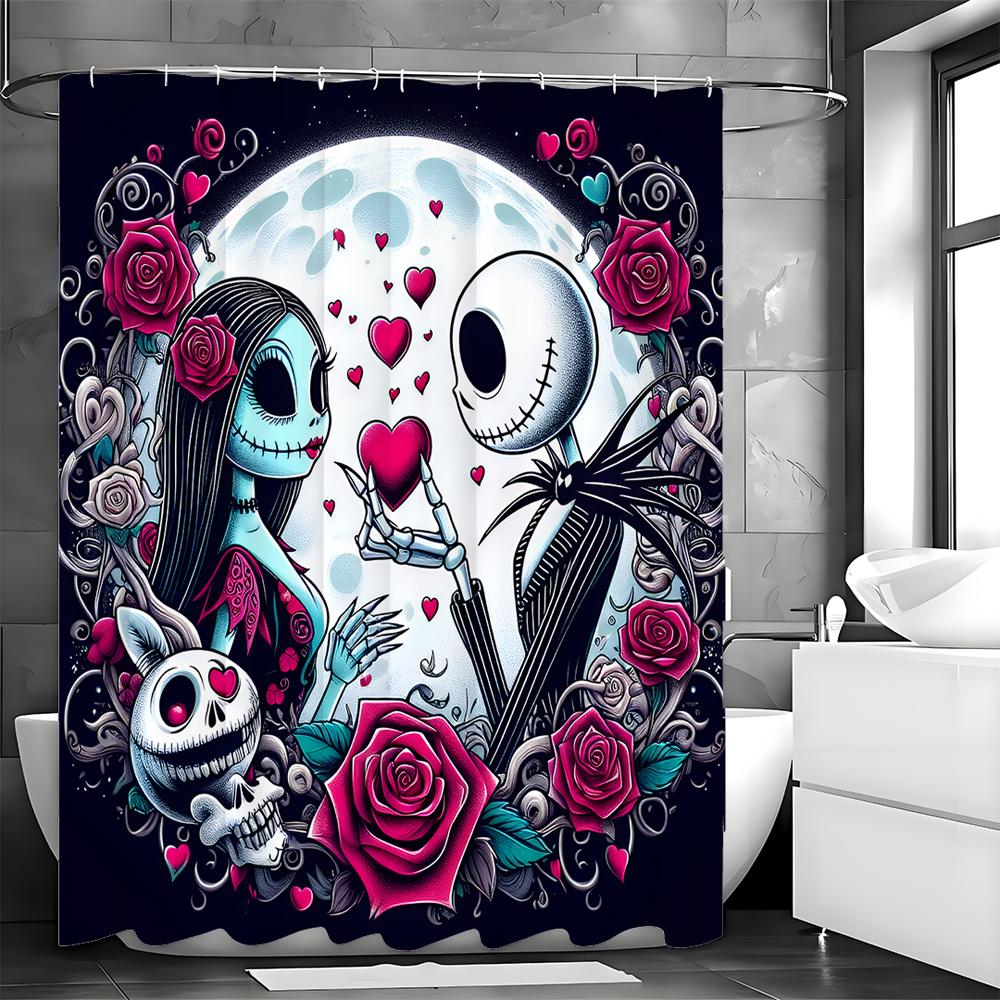 Halloween Scary Doll Rosebud Flower Shower Curtain, Bathroom Decorative Shower Curtain, Waterproof Shower Curtain with Hooks