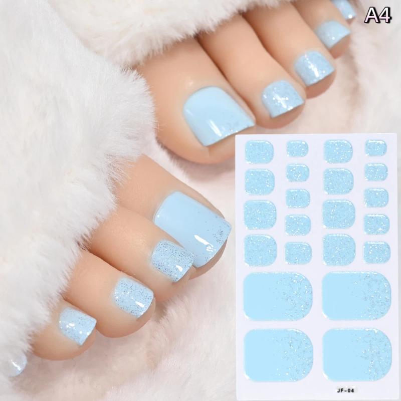 22Pcs/Sheet Toe Nail Sticker Wraps Baking Free Simple Solid Color Glitter Full Cover Toenail Polish Strips Waterproof