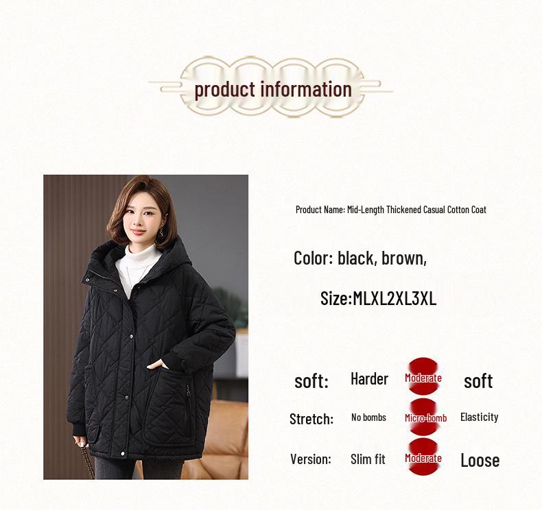 Mid-Length Retro Casual Plus Size Women's Hooded Cotton Jacket - Winter 2024