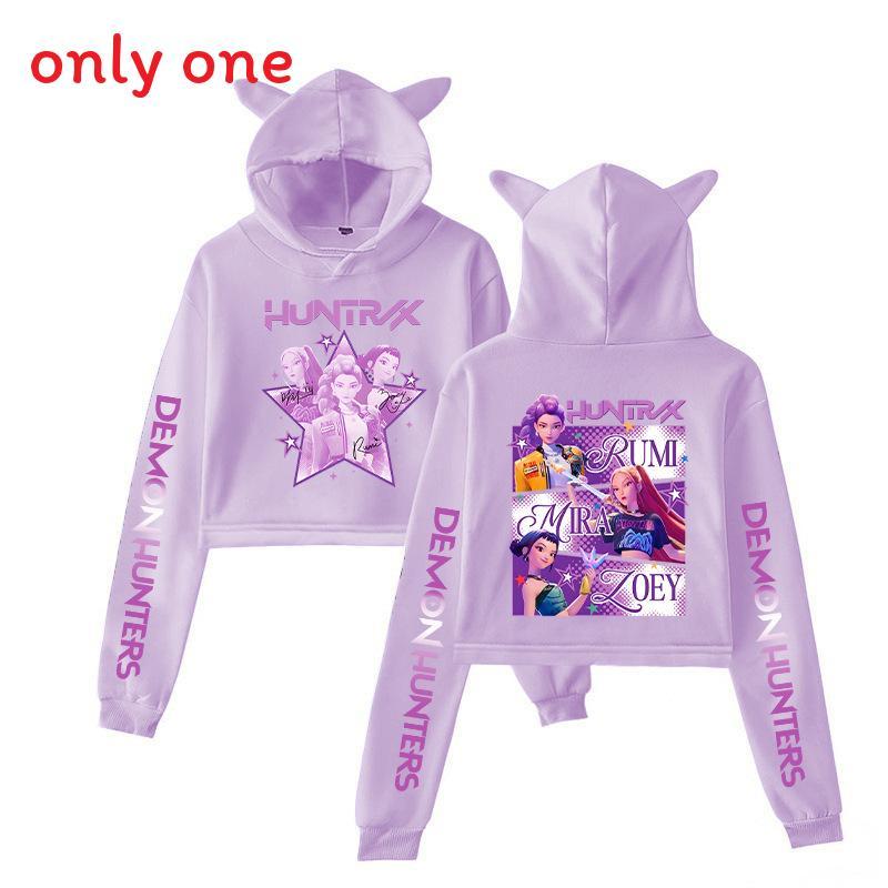 Kpop Demon Hunters Printed Short Hoodie With Cat Ears For Girls Summer Casual Wear
