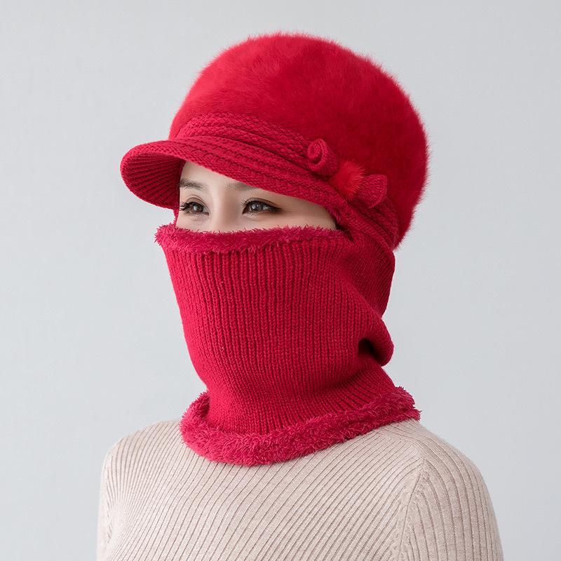Middle aged mother rabbit fur scarf one-piece hat female winter cycling plush wool old man hat scarf warm