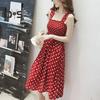 Summer Women Dress Dot Print Sleeveless Elastic Bust Square Neck A-line Big Hem Pleated Mid-calf Length Dating Shopping Midi Dress