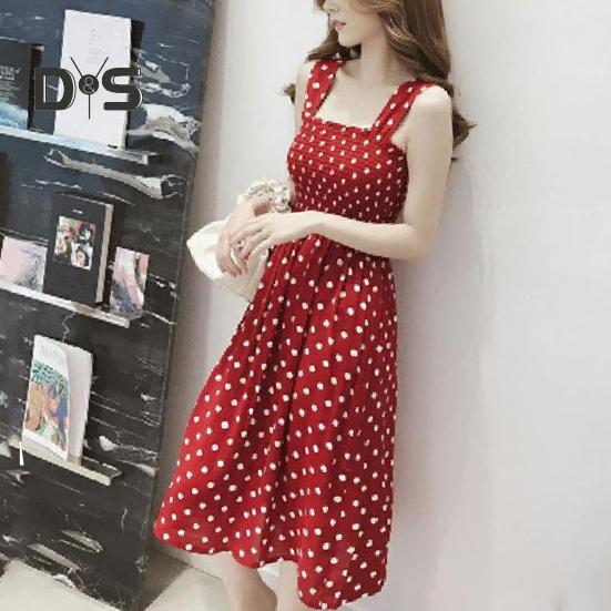 Letní Dámské Šaty Tečkovaný potisk Bez rukávů Elastické Prsa Čtvercový výstřih A-Line Velký lem řasený Délka do poloviny lýtek Seznamka Nákupní Midi šaty