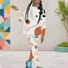 Girls Abstract Printed Round Neck Long Sleeve Top And Fitted Pants Two Piece Set