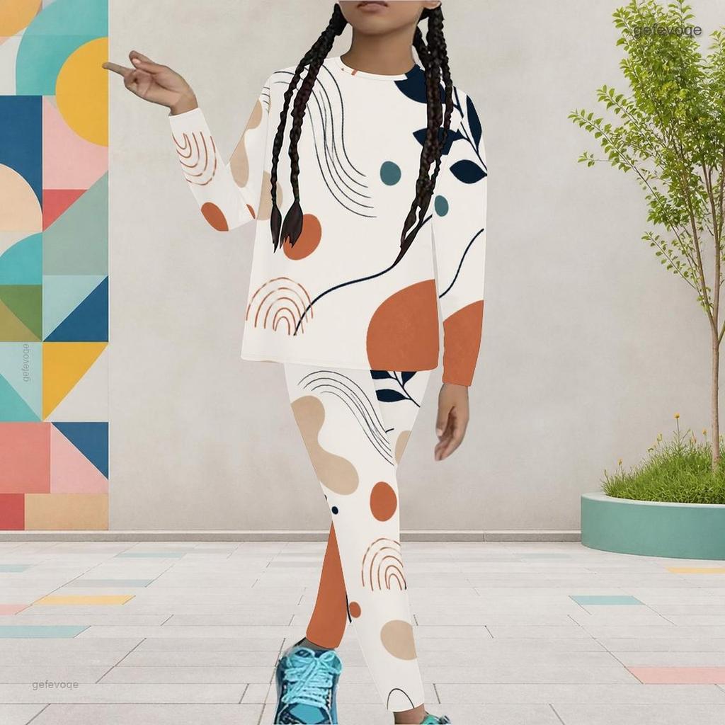 Girls Abstract Printed Round Neck Long Sleeve Top And Fitted Pants Two Piece Set
