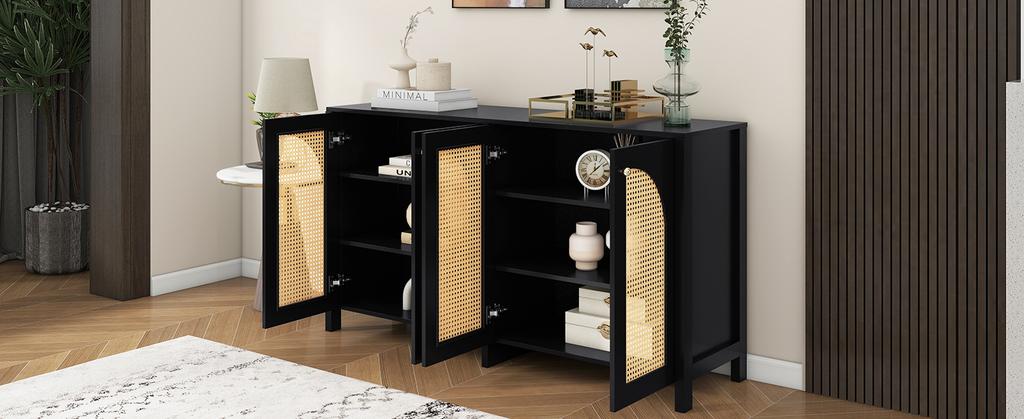Modern Sideboard In Minimalist Style 4-rattan Door, Metal Handle Simple Buffet Cabinet for Dining Room, Living Room, Kitchen (black)
