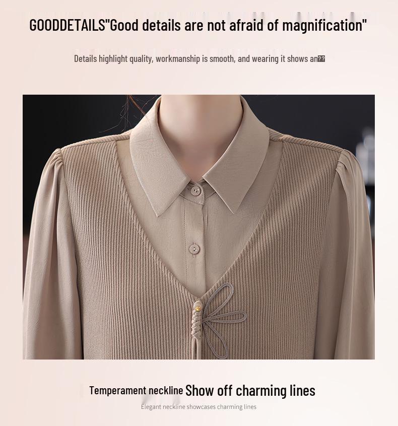 Women's Fashion Splicing Long Sleeve Two-Piece Shirt - Spring 2025 Collection for Middle-Aged Mothers