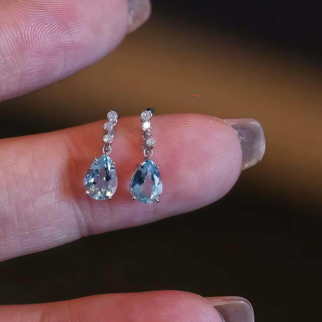 Kolczyki w kształcie łzy z akwamarynem, Srebro Sterlingowe S925, Pozłacane 18K Złotem, Błękitny Topaz w Kształcie Gruszki z Frędzlami dla Kobiet